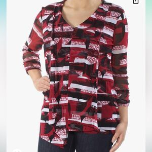 Alfani Women's Layered Pullover Blouse Size M Red Black White Ruched Sleeves